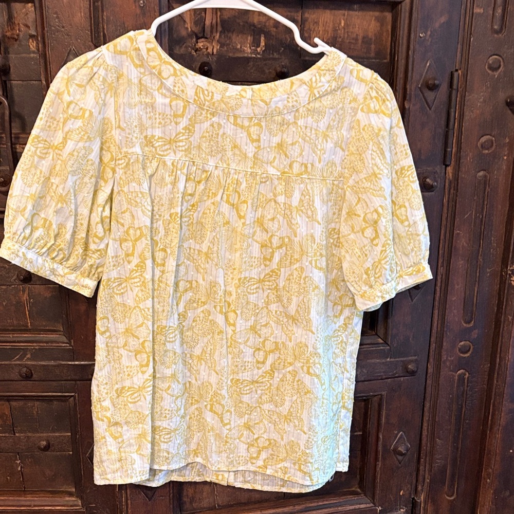 Jane and Delancey Yellow Floral Blouse with butterflies to boot.